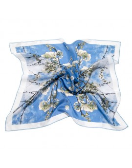 Pañuelo de seda floral azul - Cerezo en flor 68x68 cm