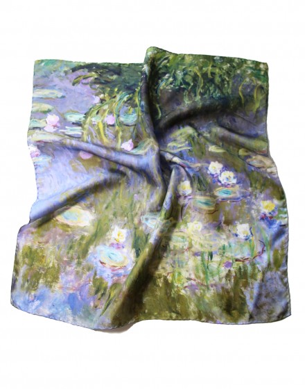 Foulard carré en soie Claude Monet Nympheas twill de soie roulotté main