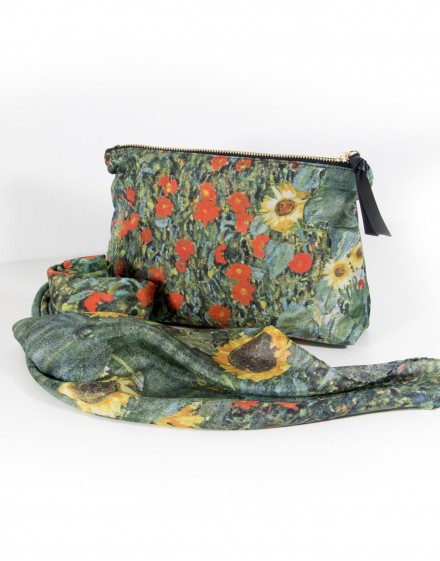 Lote pañuelo y neceser de seda estampados Klimt Jardín con girasoles