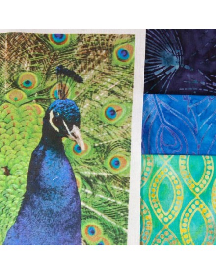Fiber art Kit Peacock - 3 batik FQ and 3 printed photos 18x18cm