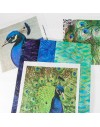 Kit de patchwork Pavo real - 3 batiks y 3 fotos estampadas 18x18cm - Fibra Creativa